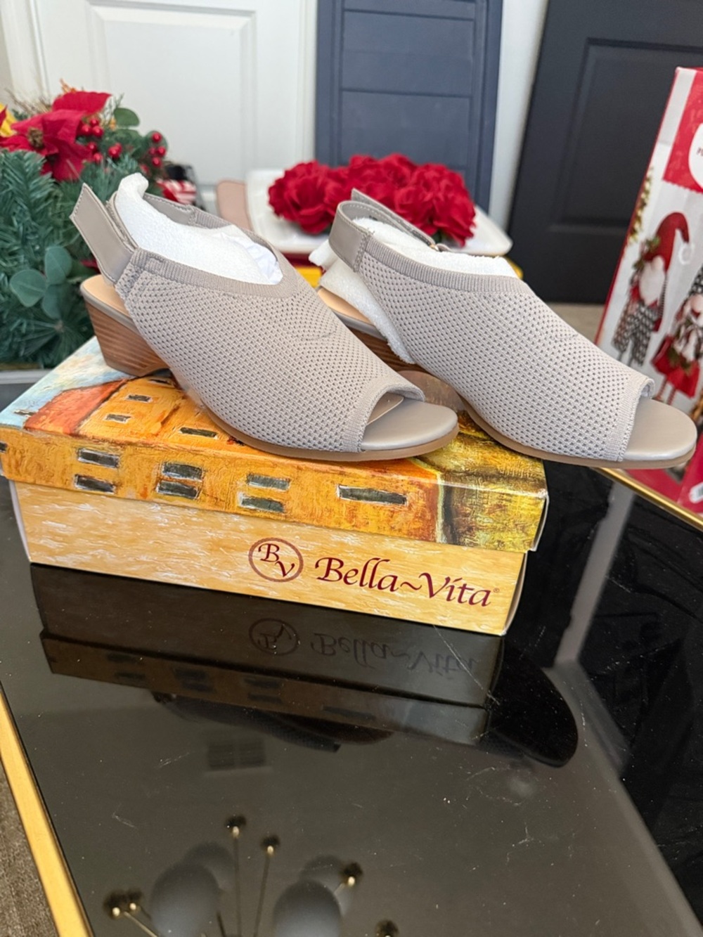 Bella Vita Taupe Open-Toe Slingback Knit Wedges